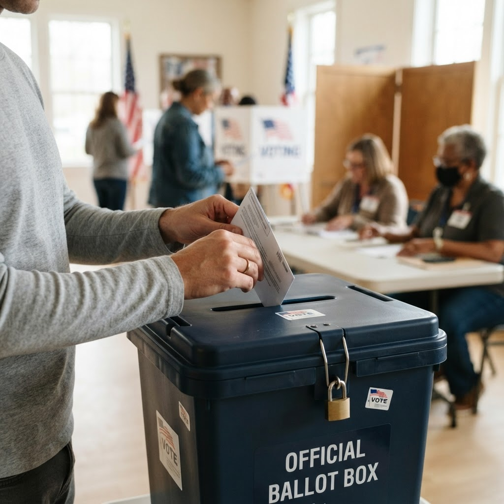 A voter places a paper ballot into a secured ballot box at a polling place.