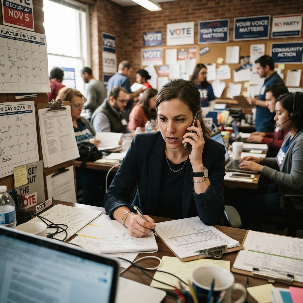 A campaign advisor takes a phone call while working through election-day paperwork.