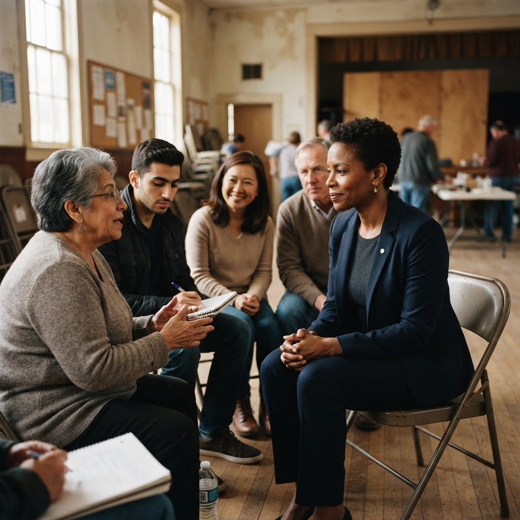 A community leader listens to constituents gathered in a civic hall.