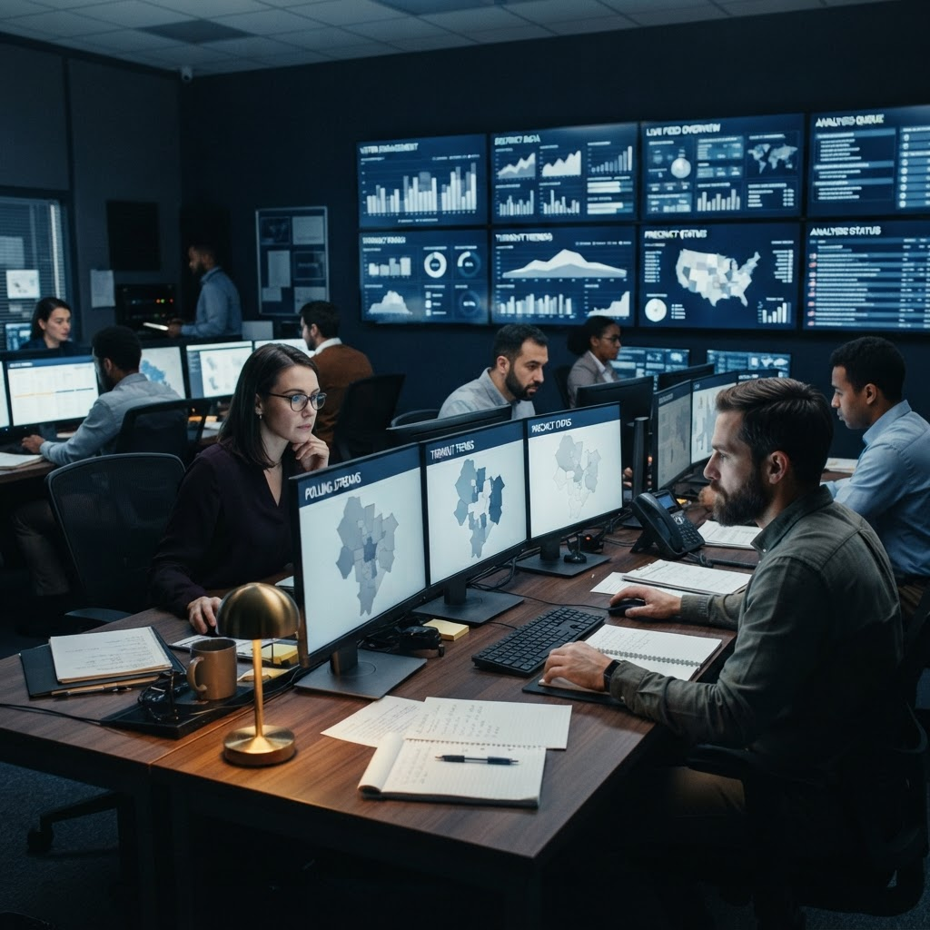 Election analysts monitor abstract polling and turnout dashboards in an operations room.